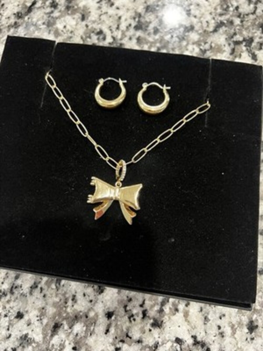 Gold Tone Bow Jewelry Set with Bow Locket Necklace & Matching Hoop Earrings